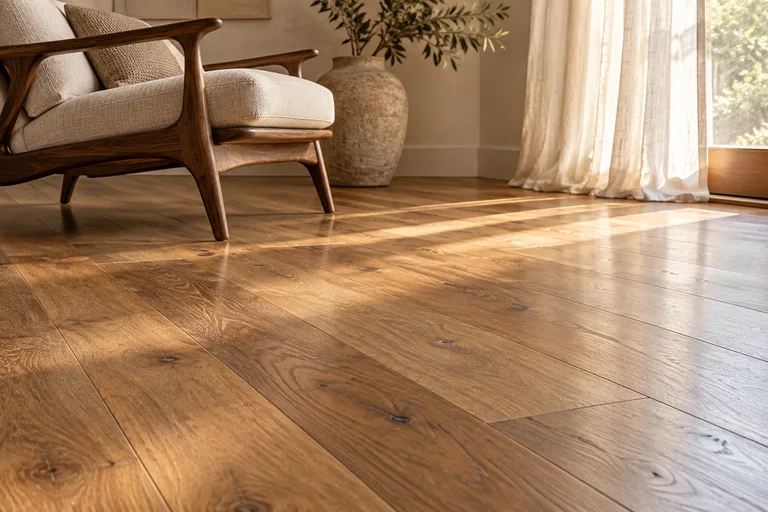 Illustration of sunlight across an oak floor beside a linen-upholstered lounge chair.