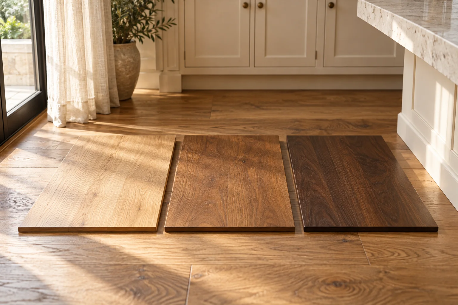 Three illustrative wood samples from light to deep brown lying beside pale kitchen cabinets in window light.
