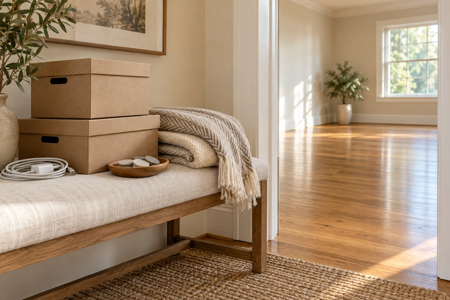 Packed boxes, clean felt furniture pads, a charger, and a folded throw beside a cleared hardwood-floored room.