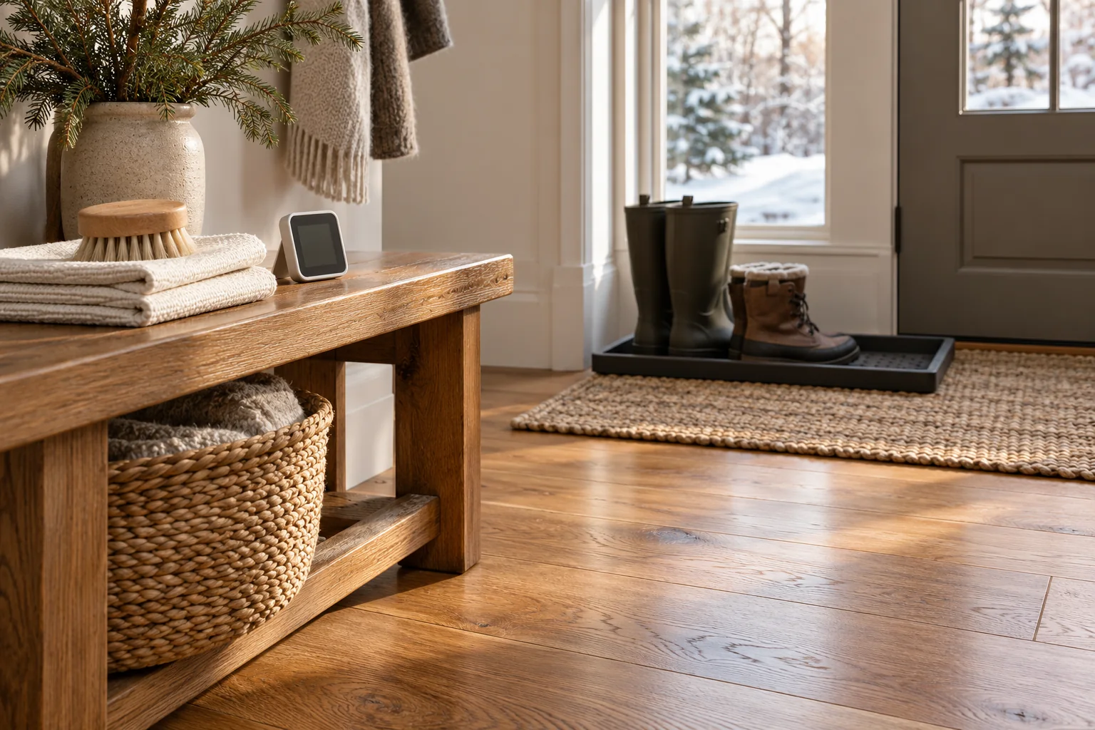 Clean cloths, a soft brush, and an unreadable humidity meter beside a dry entryway with boots contained in a tray.