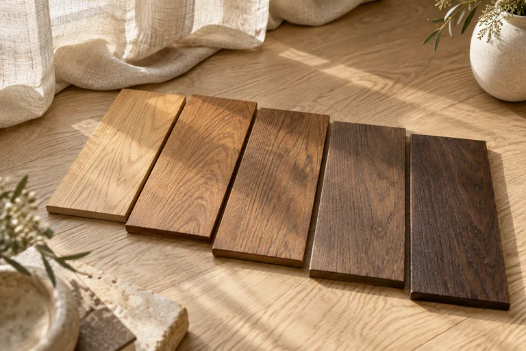 Illustration of five oak-colored stain samples, from light natural tones to deep brown, viewed in window light.