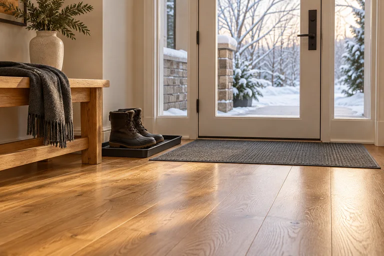 Illustration of a dry hardwood entryway with winter boots in a tray and an absorbent mat by a snowy doorway.