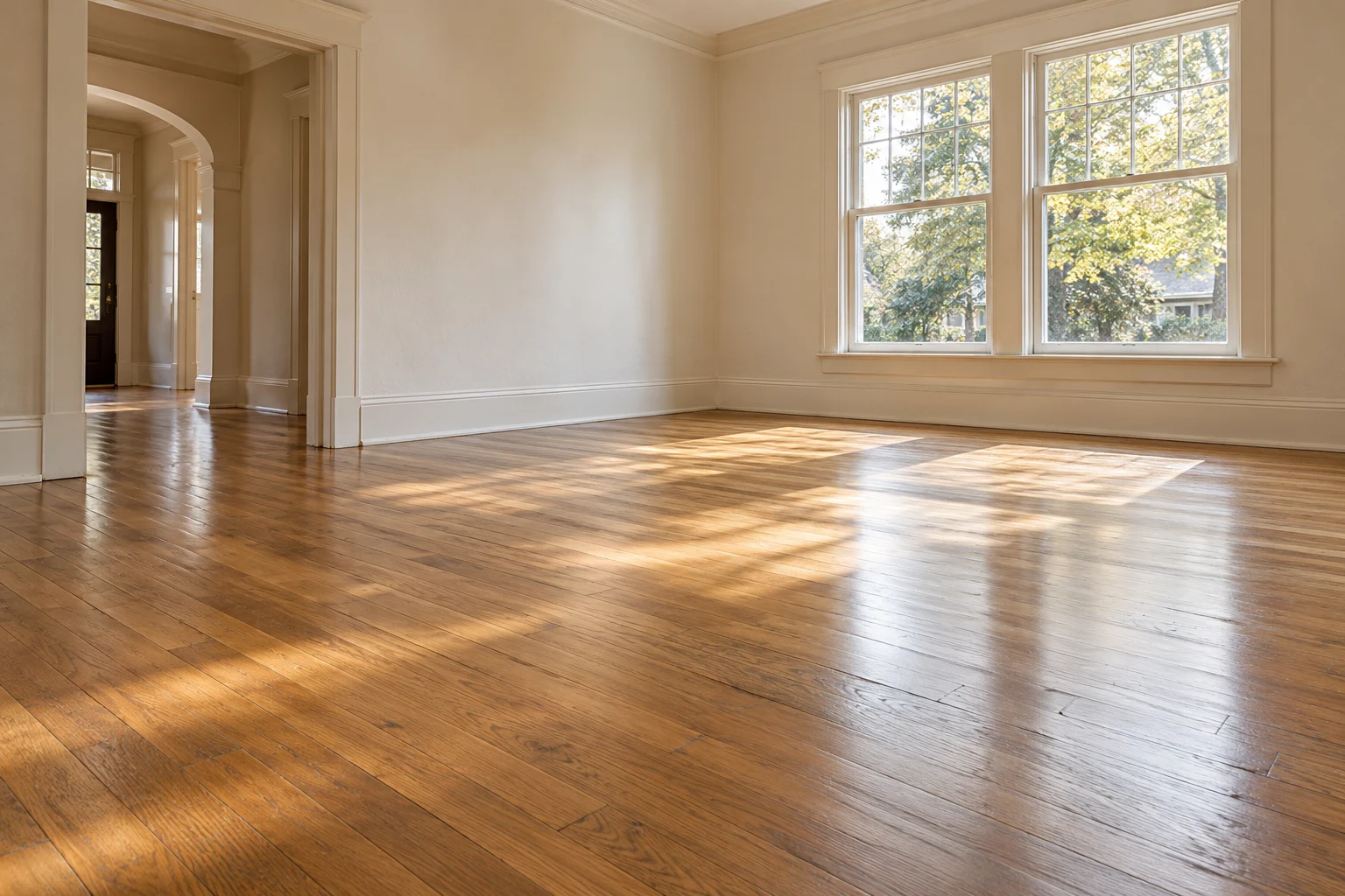 Illustration of an empty room with hardwood flooring, tall windows, and a cleared adjoining hallway.