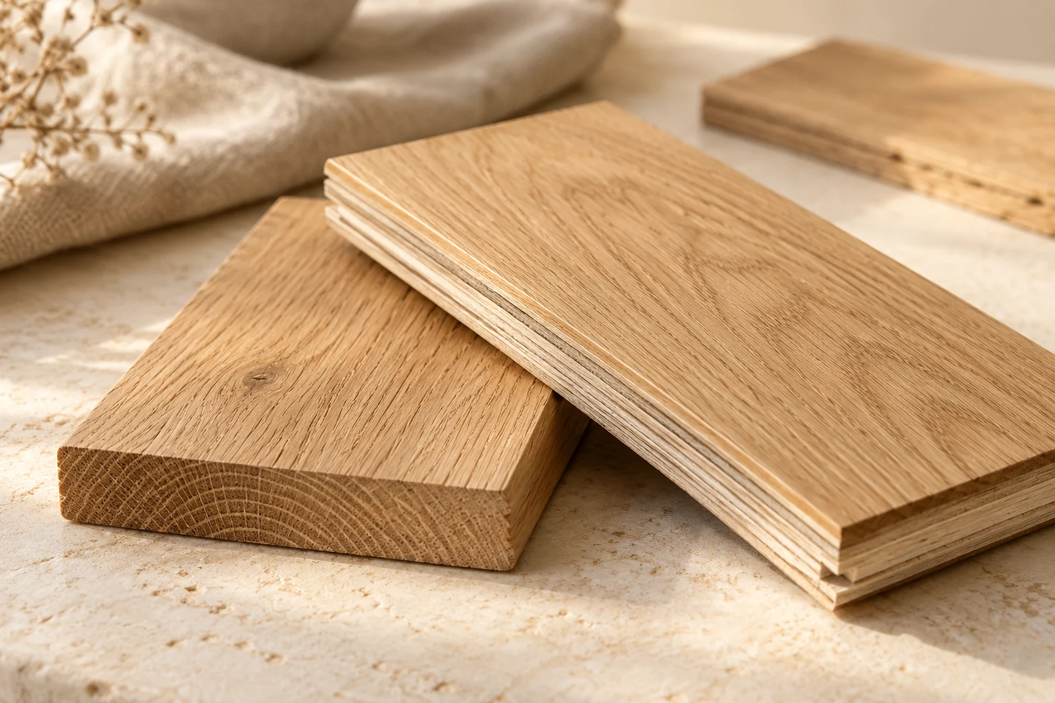 Illustration of solid wood and layered engineered wood sample boards on a pale stone surface.